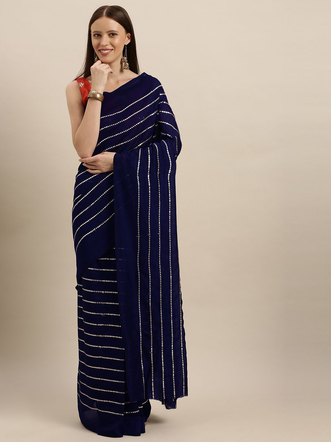 

Somras Striped Sequinned Saree, Navy blue