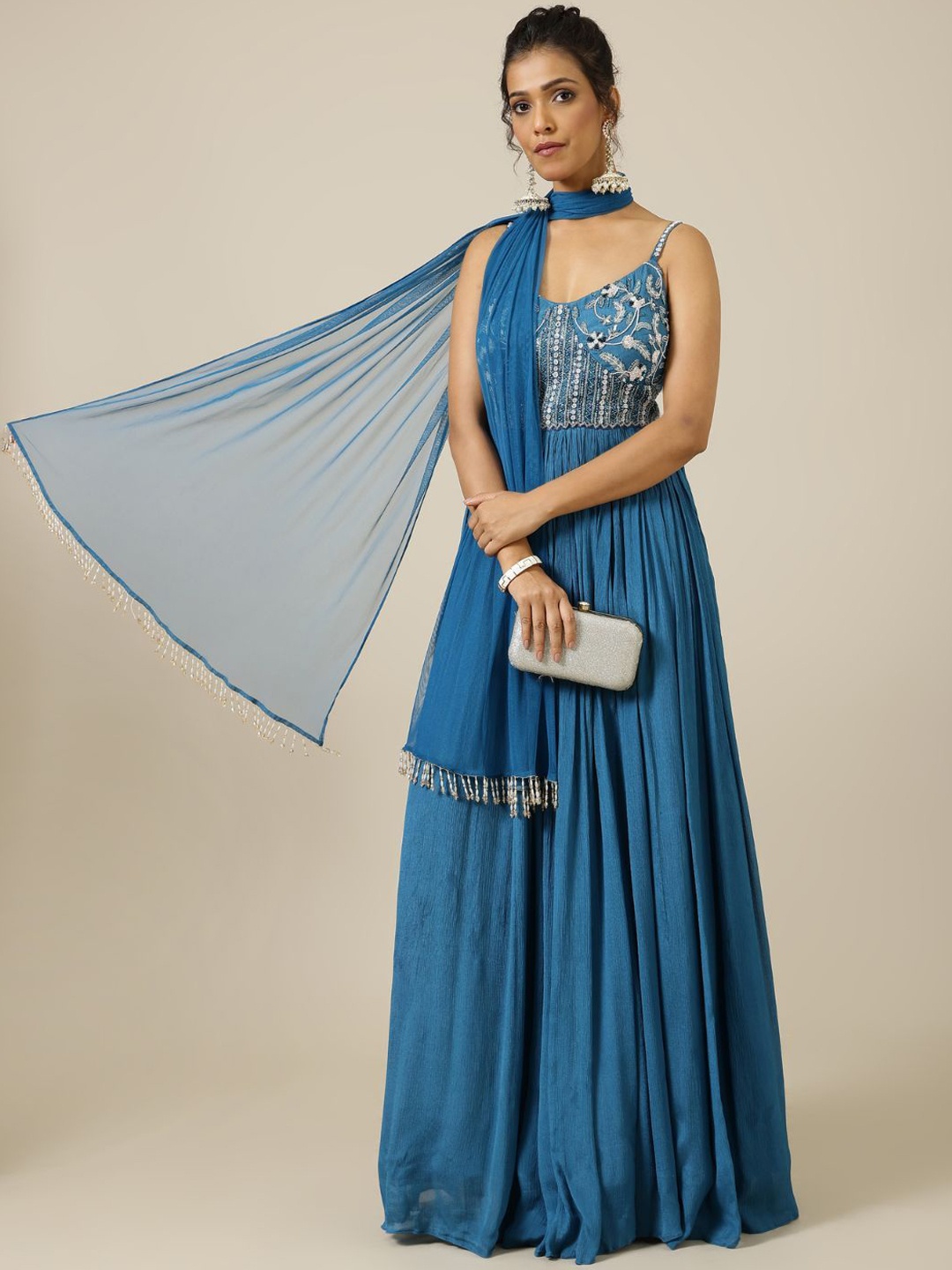 

Shreeka Embroidered Cocktail Gathered Ethnic Dress With Dupatta, Blue
