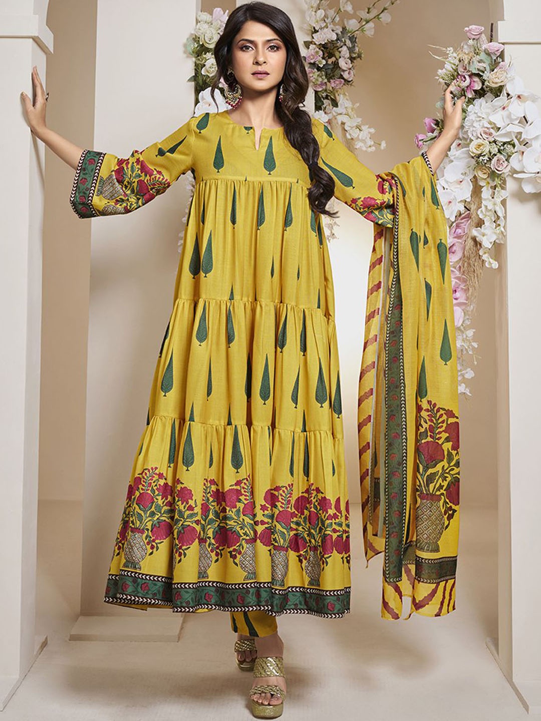 

Bhama Couture Jennifer Winget Floral Pure Cotton Anarkali Kurta With Palazzos & Dupatta, Yellow