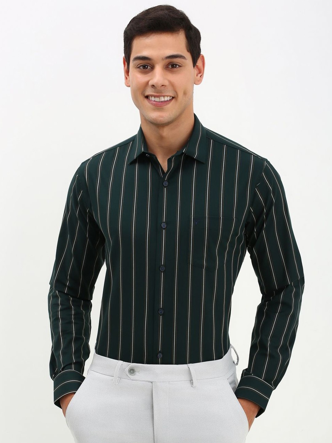 

Allen Solly Men Spread Collar Striped Cotton Slim Fit Formal Shirt, Green