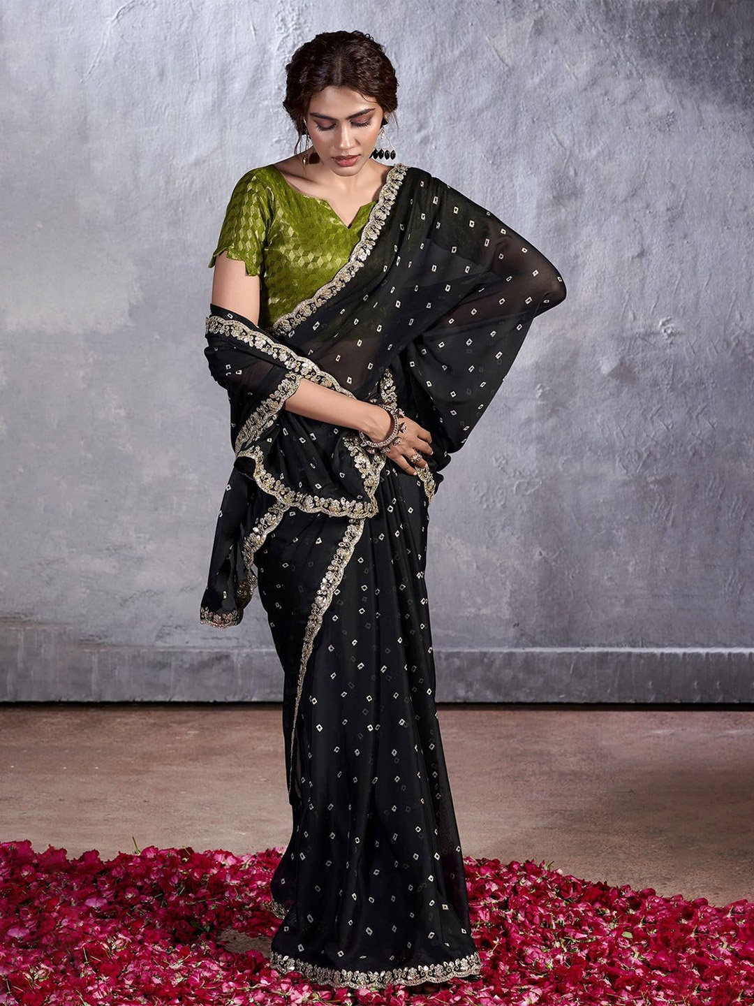 

MySilkLove Bandhani Sequinned Pure Georgette Saree, Black