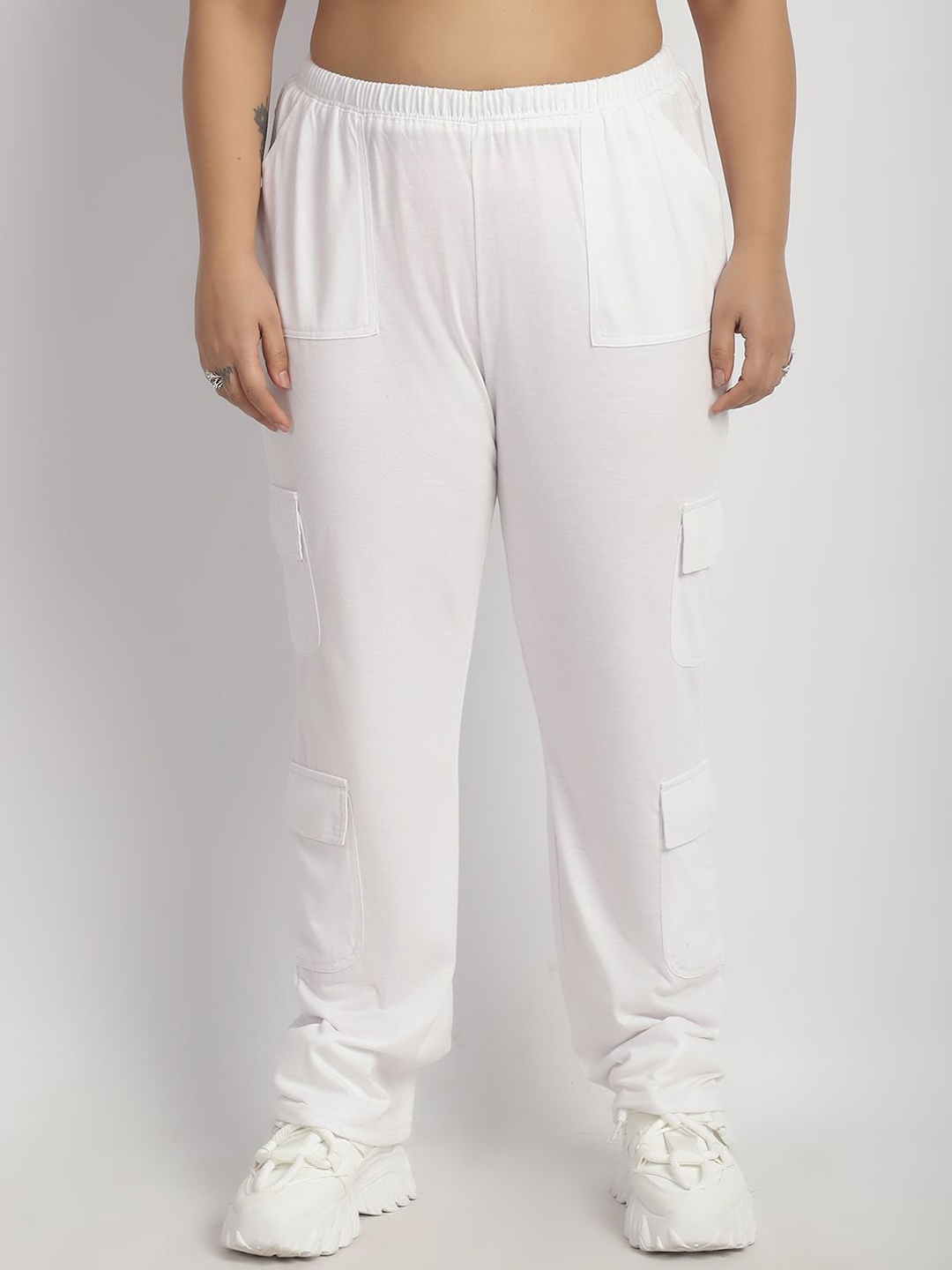 

thkgrlz Women Relaxed High-Rise Cotton Easy Wash Joggers Trousers, White