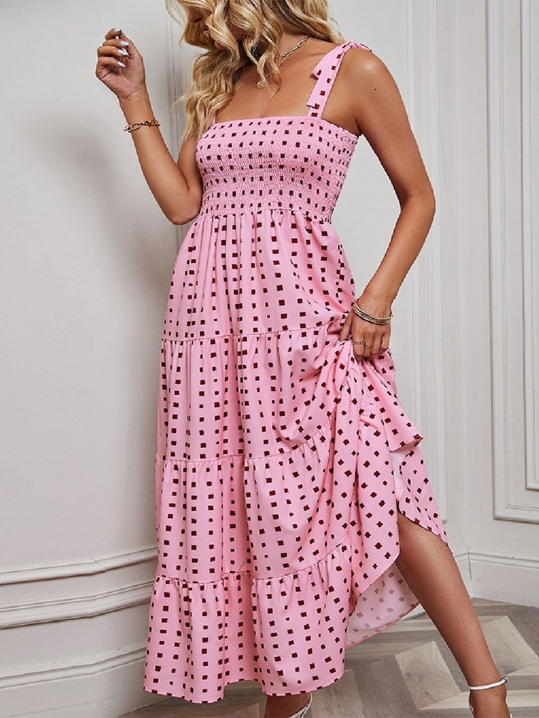 

StyleCast Printed Georgette Shoulder Straps Fit and Flare Midi Dress, Pink