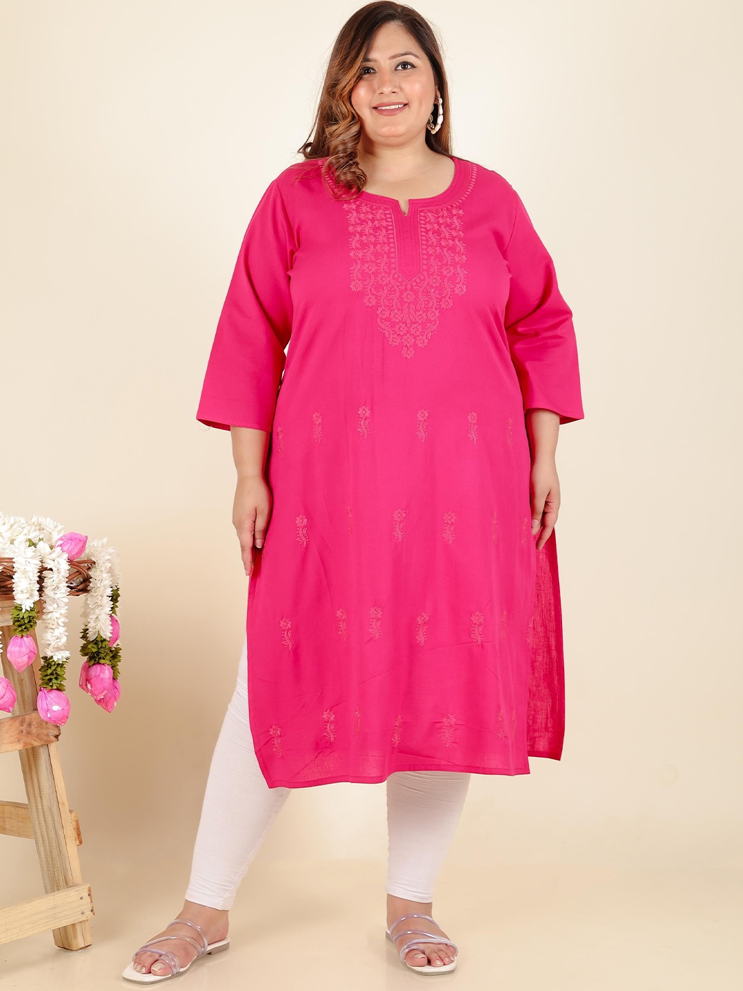 

LALI JAIPUR Women Plus Size Embroidered Pure Cotton Kurta, Pink
