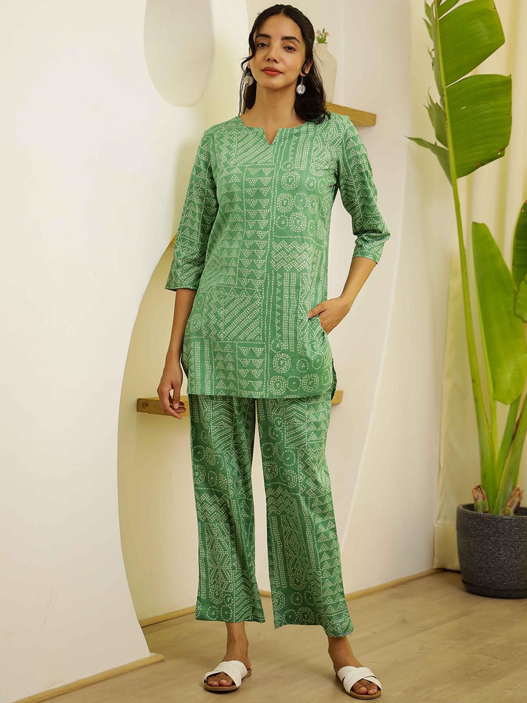 

FLAVIA CREATION Printed Pure Cotton Tunic With Trouser, Green