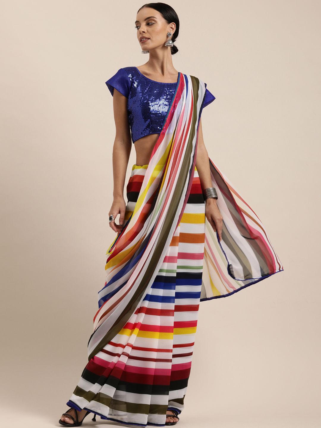 

Somras Striped Embroidered Pure Georgette Saree, White