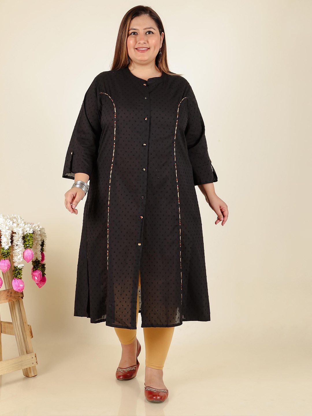 

LALI JAIPUR Women Plus Size Solid Band Collar Cotton Kurta, Black