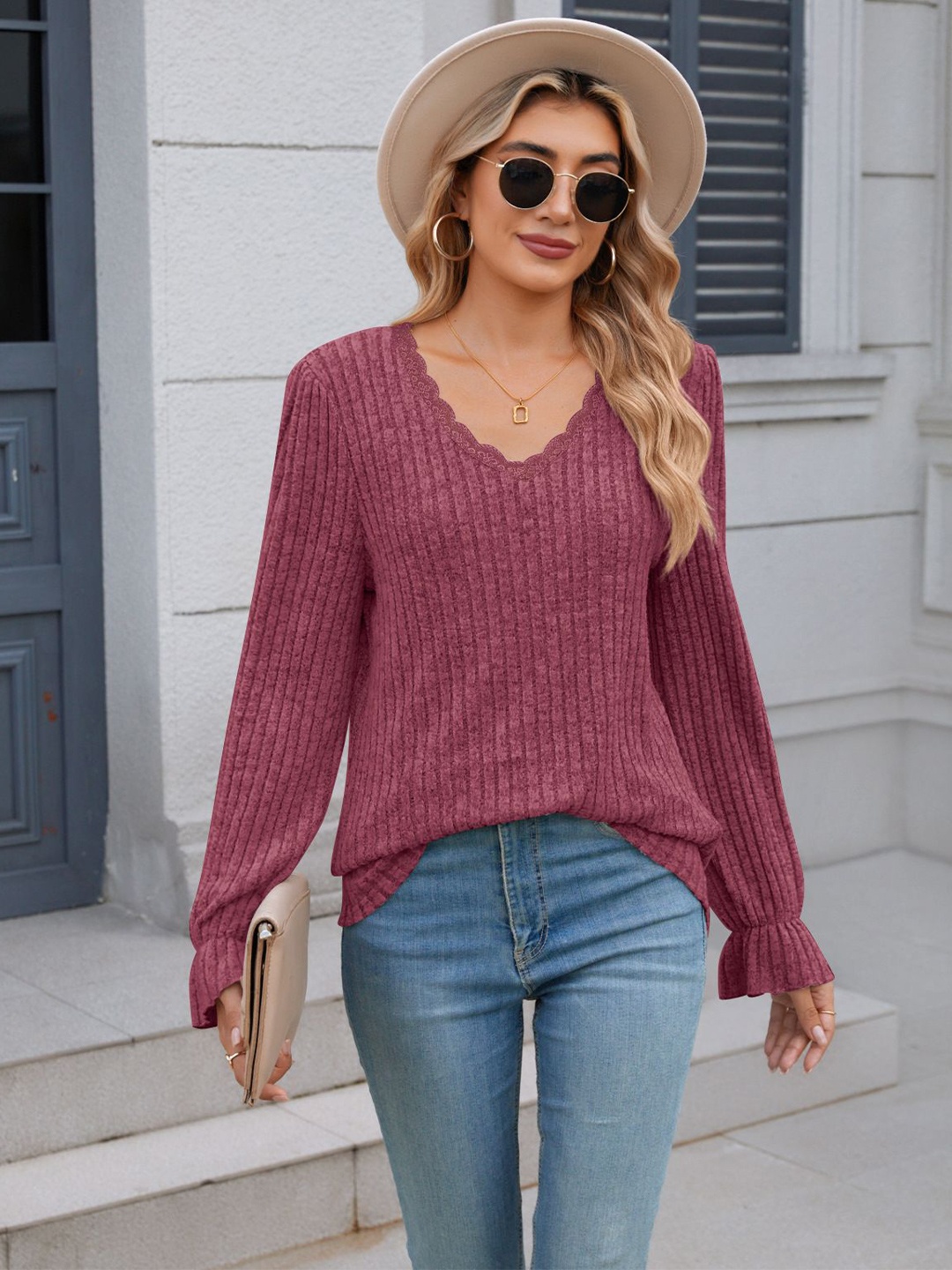 

StyleCast x Revolte Women Solid V-Neck Top, Maroon