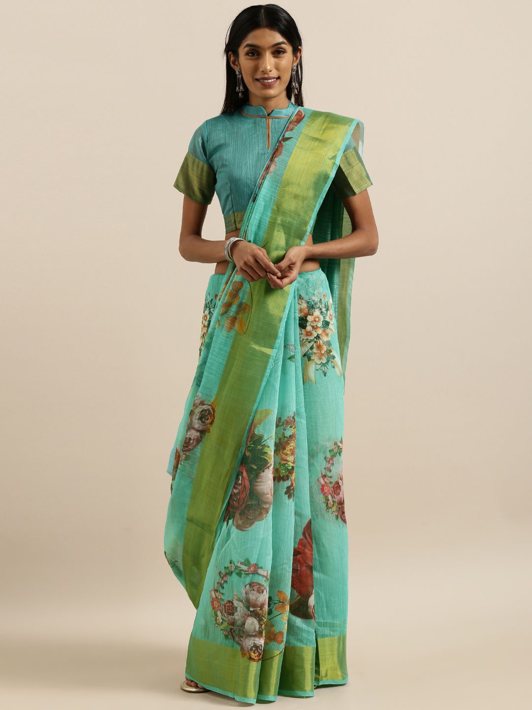 

Somras Floral Zari Teal Poly Silk Saree, Turquoise blue
