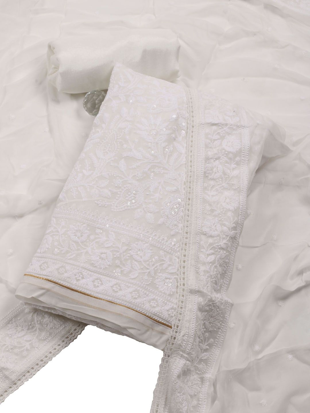 

Meena Bazaar Floral Embroidered Unstitched Dress Material, Cream