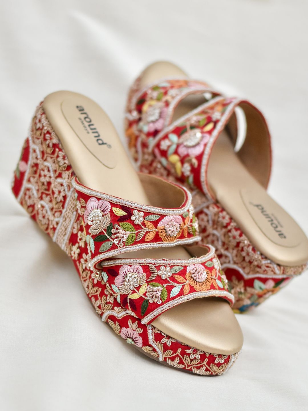 

Around Always Ethnic Synthetic Wedge Heel Sandals, Red