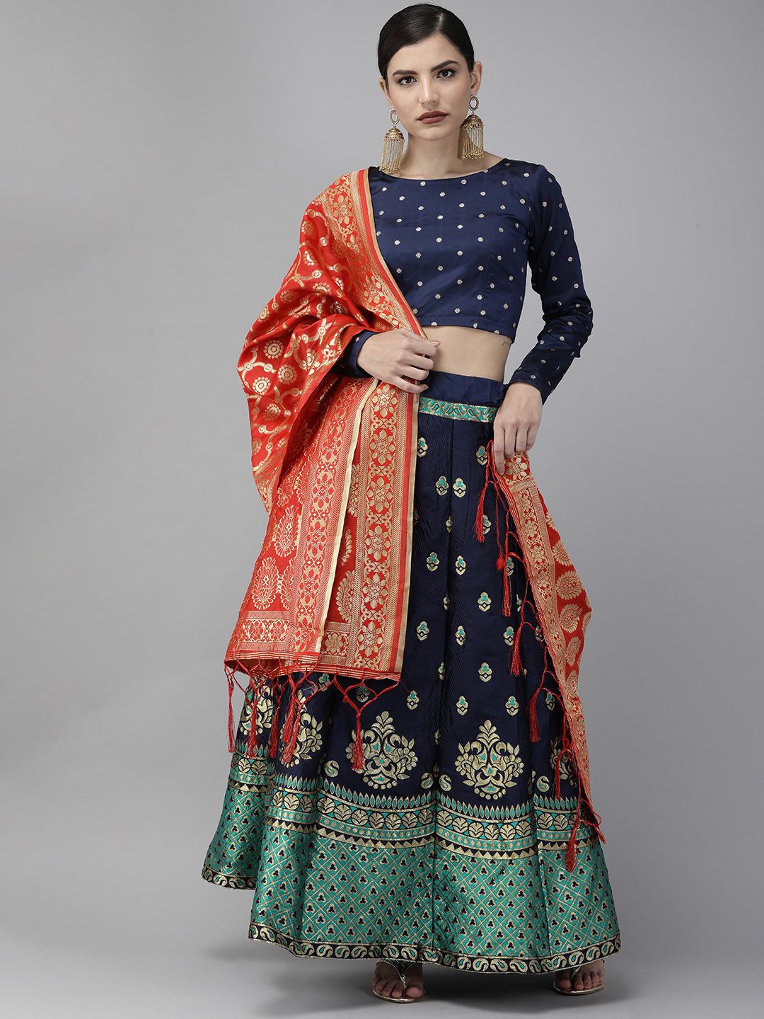 

MAGMINA Woven Design Semi-Stitched Lehenga & Unstitched Blouse With Dupatta, Blue