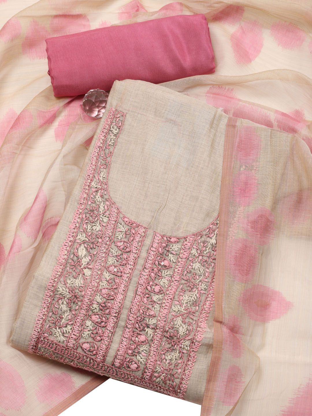 

Meena Bazaar Floral Embroidered Art Silk Unstitched Dress Material, Beige