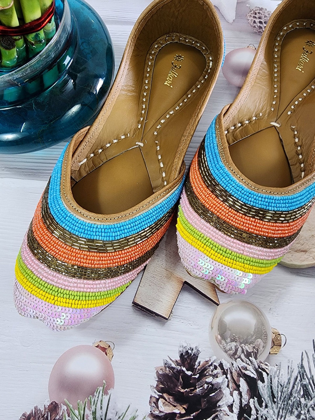 

Fulkari Women Slip-On Ethnic Leather Mojaris Flats, Blue