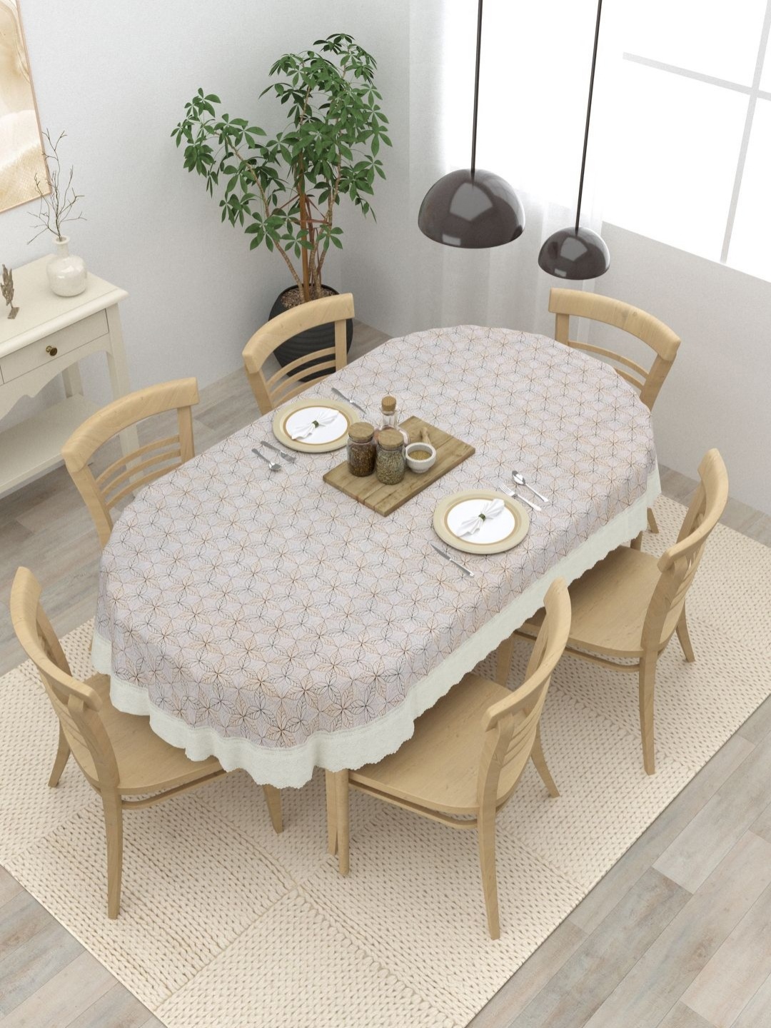 

Clasiko Beige & White Geometric Printed Anti Slip Oval 6 Seater Table Cover