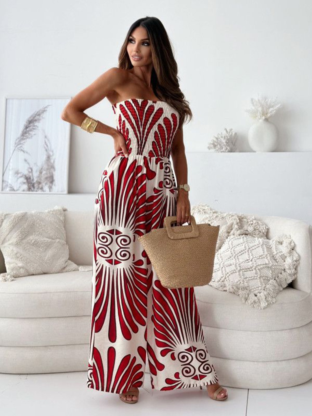 

StyleCast x Revolte Strapless Printed Basic Jumpsuit, Red
