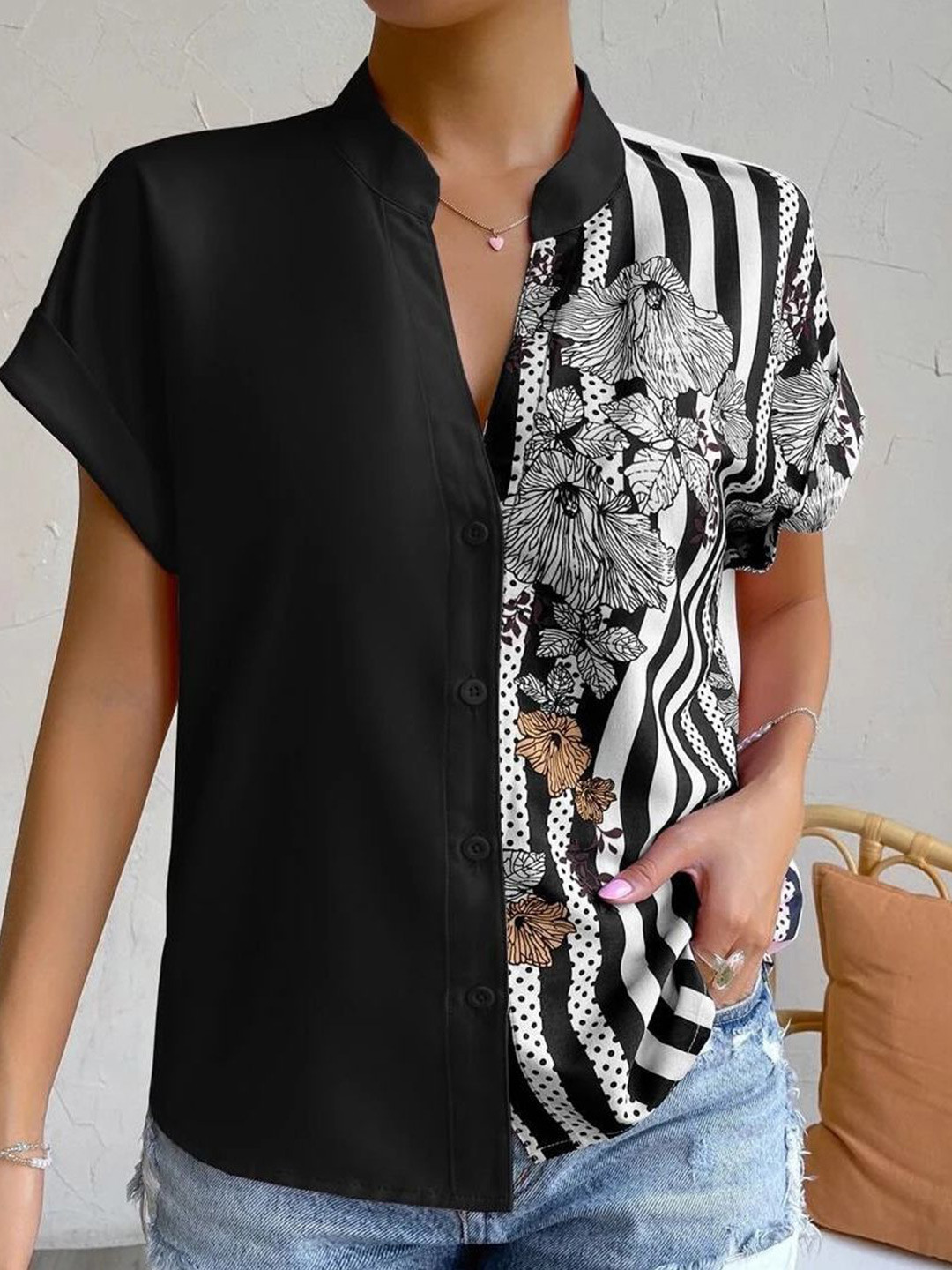 

StyleCast Women Floral Printed Mandarin Collar Top, Multi