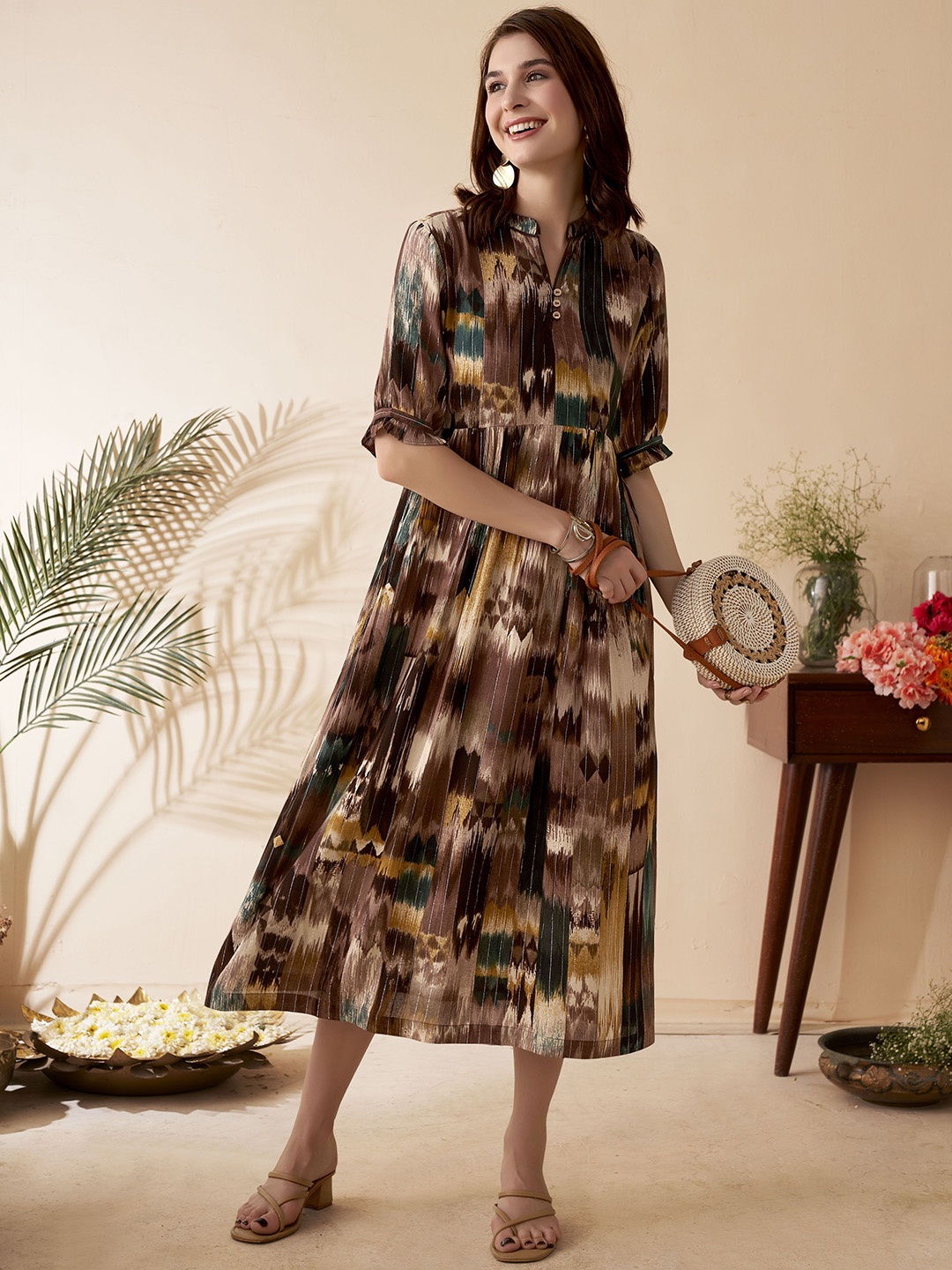 

Anouk Abstract Printed Round Neck Ethnic Dress, Brown