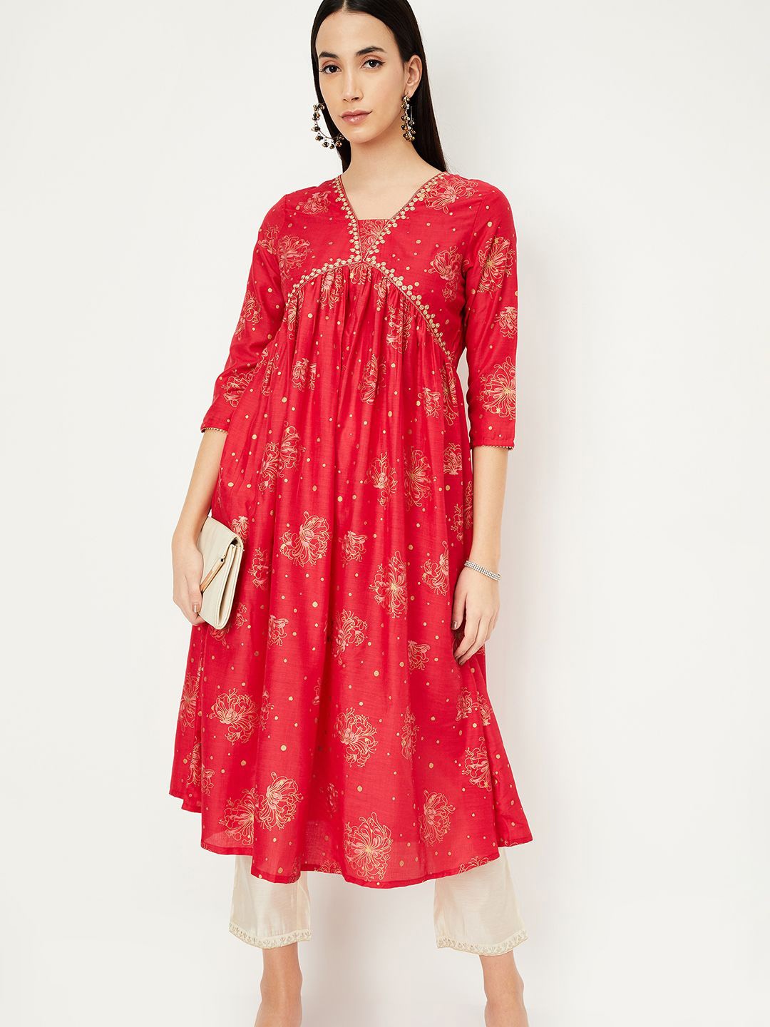 

max Floral Printed Empire Thread Work A-Line Kurta, Red