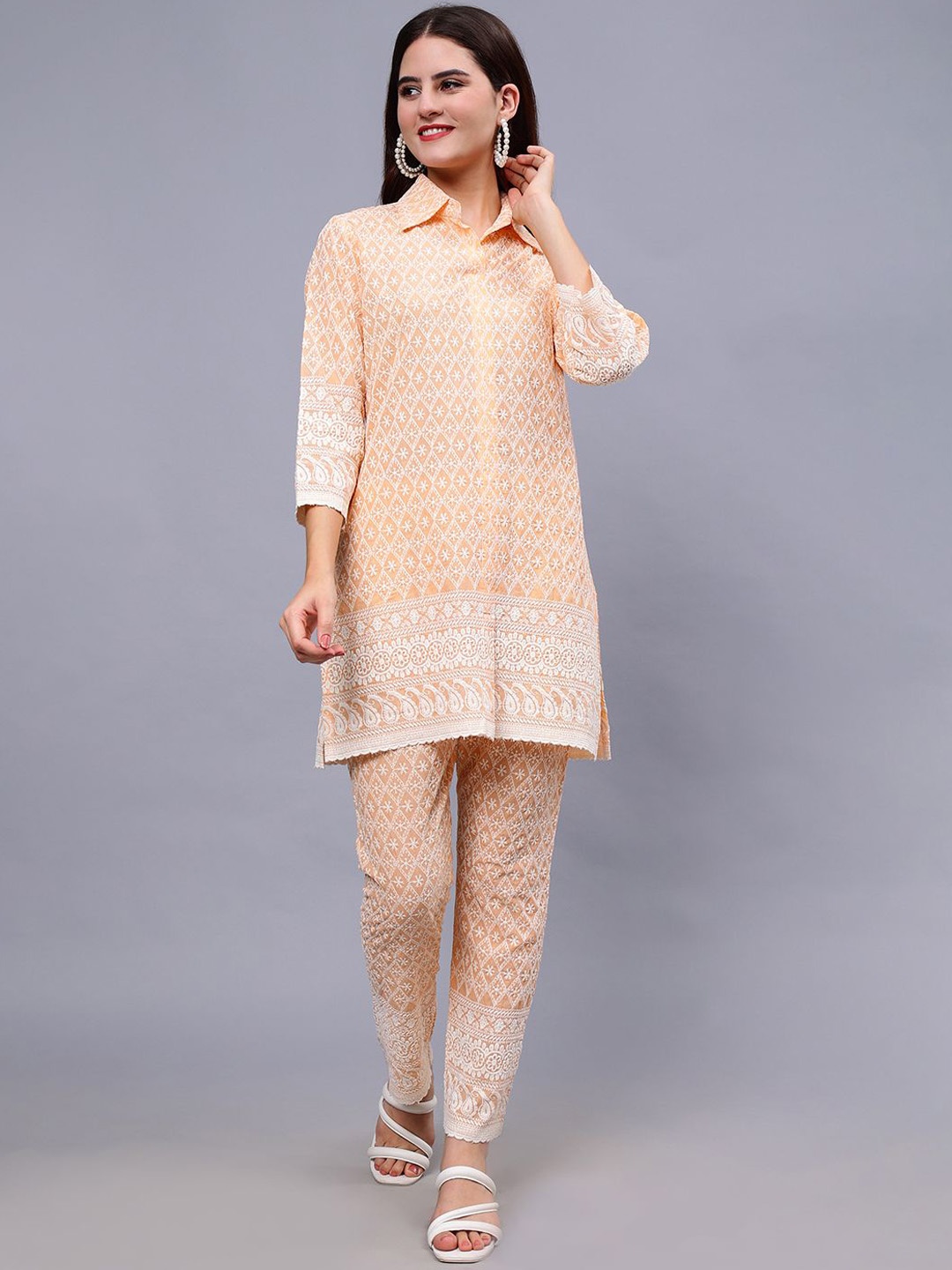 

Frolic Rolic Threadwork Embroidered Shirt Collar Pure Cotton Tunic With Trouser, Peach