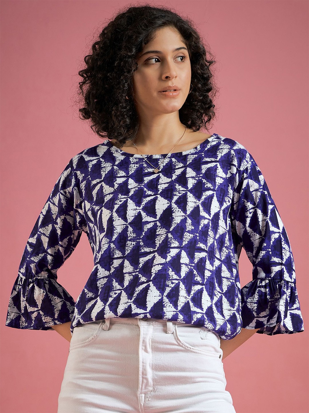 

DressBerry Women Geometric Printed Round Neck Viscose Rayon Top, Blue