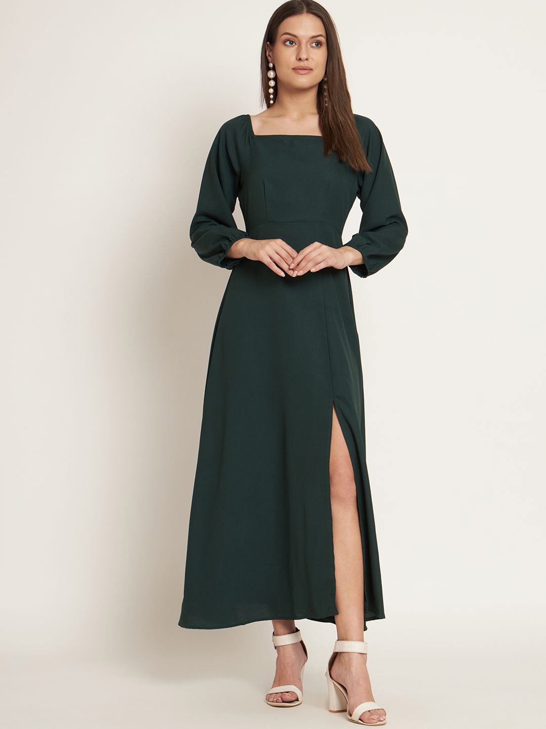

Curvydrobe Women Square Neck Puff Sleeves Maxi Dress, Green