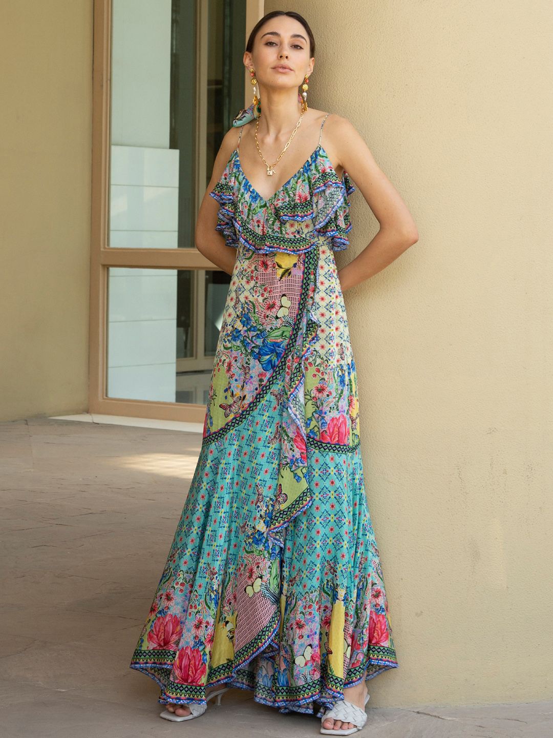 

Bhanuni Women Floral Printed Maxi Fit and Flare Dress, Turquoise blue