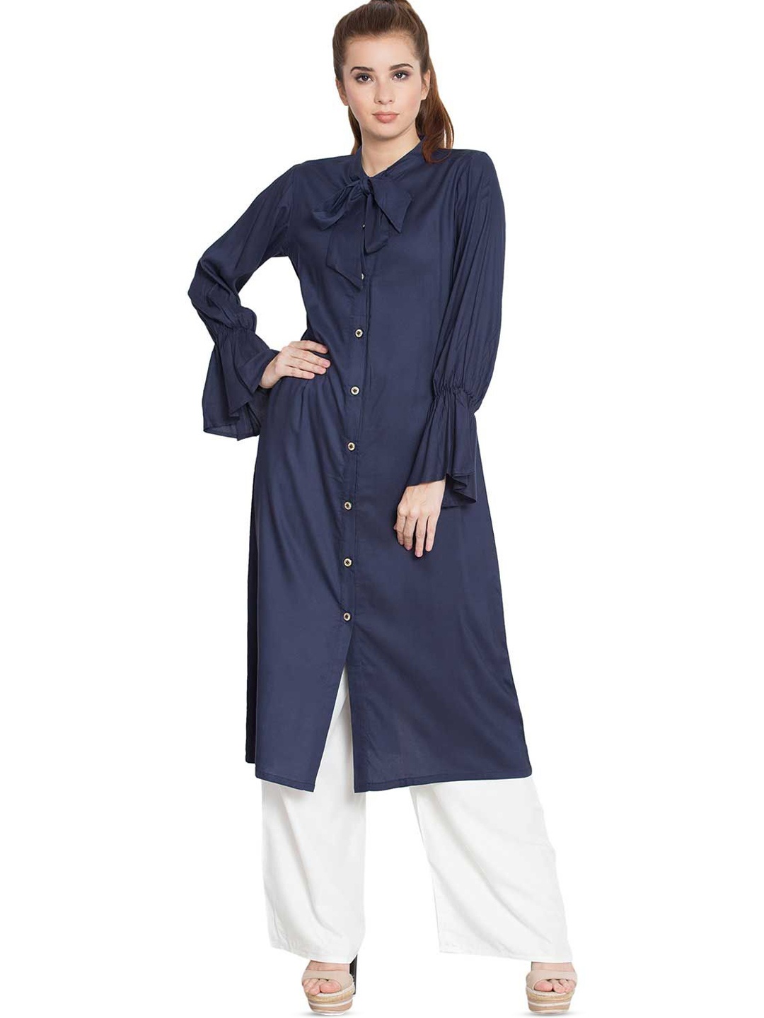 

MUSHKIYA Stylish Front Open Bell Sleeves Kurta, Navy blue