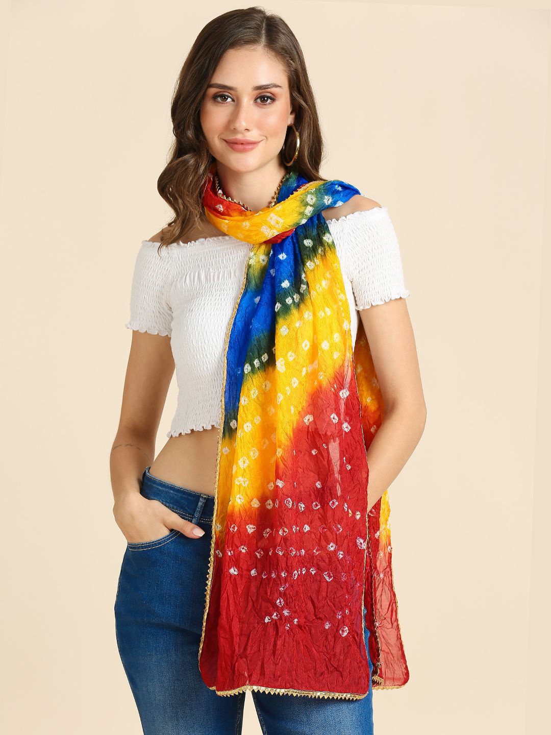 

Dupatta Bazaar Women Bandhini Stole with lace, Yellow