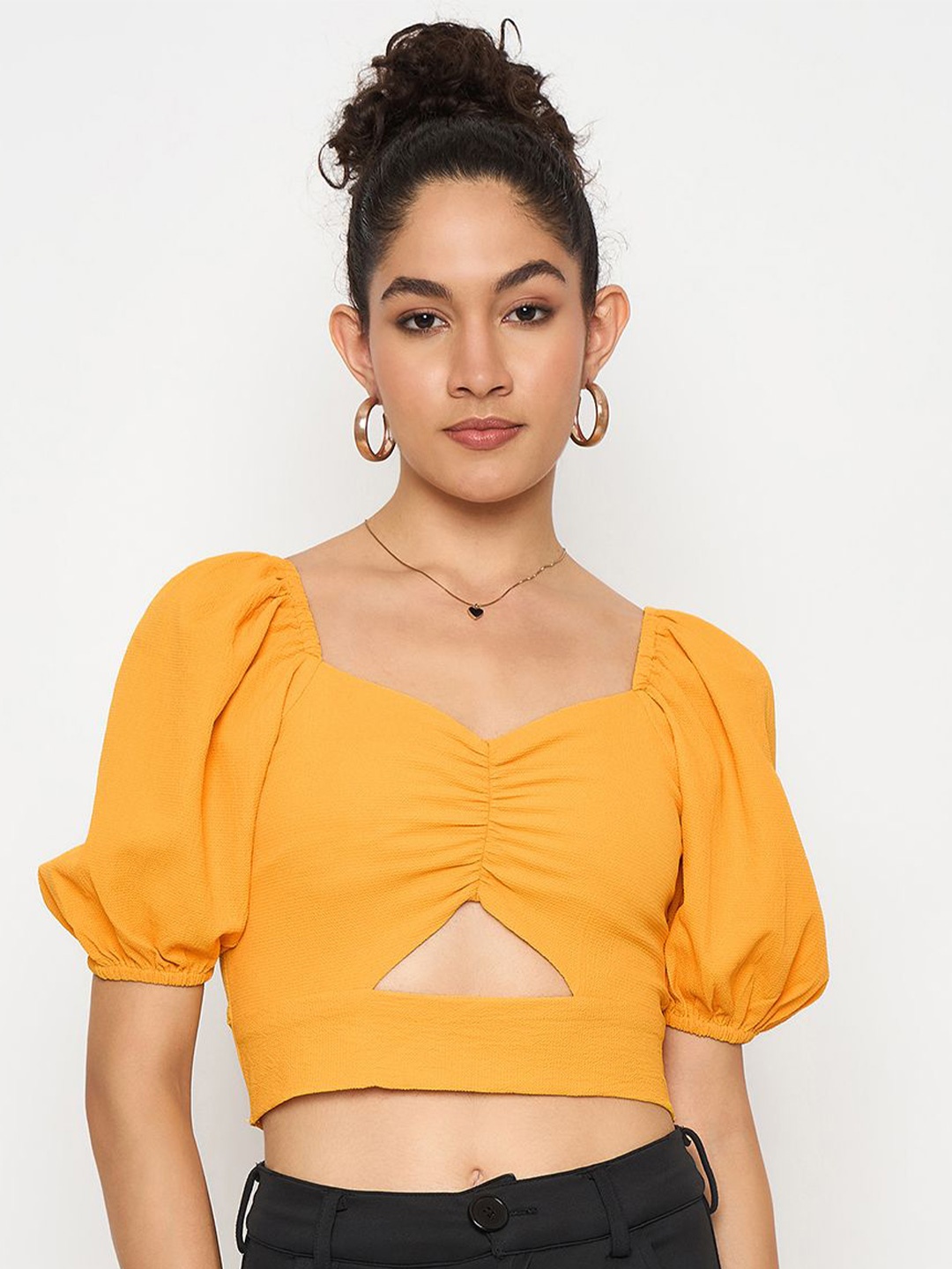 

Style Quotient Women Solid Ruched Sweetheart Neck Top, Yellow