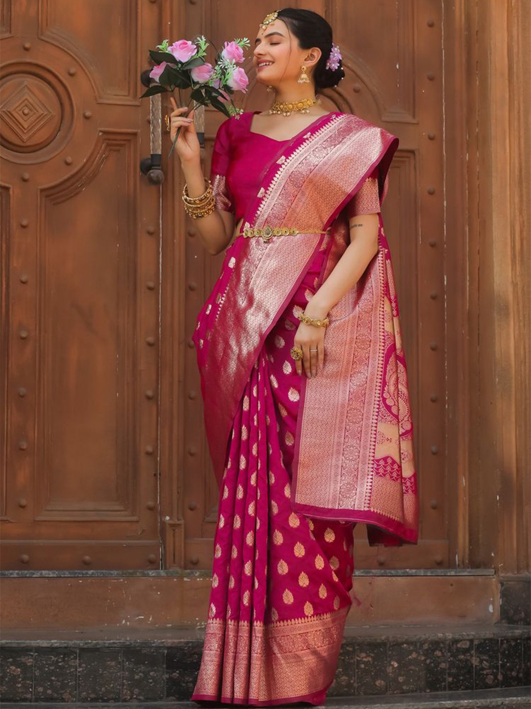 

COSBILA FASHION Ethnic Motifs Zari Woven Banarasi Saree, Magenta