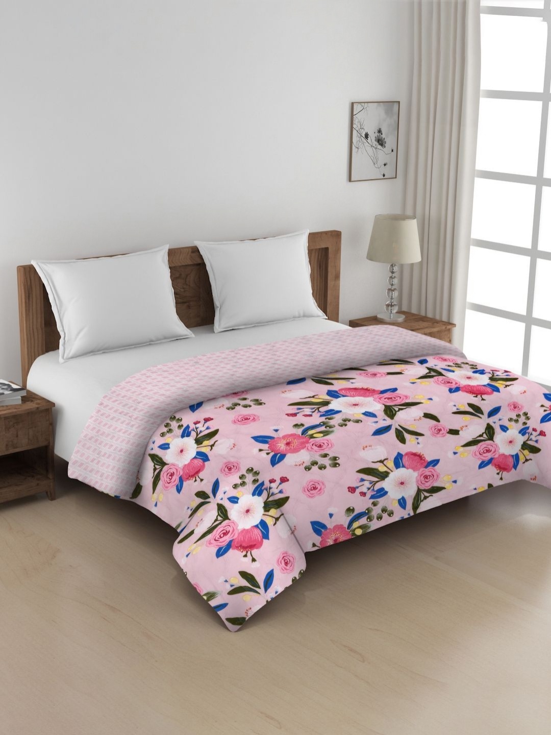 

KLOTTHE White & Pink Floral Printed Microfibre 350 GSM AC Room Double Bed Comforter