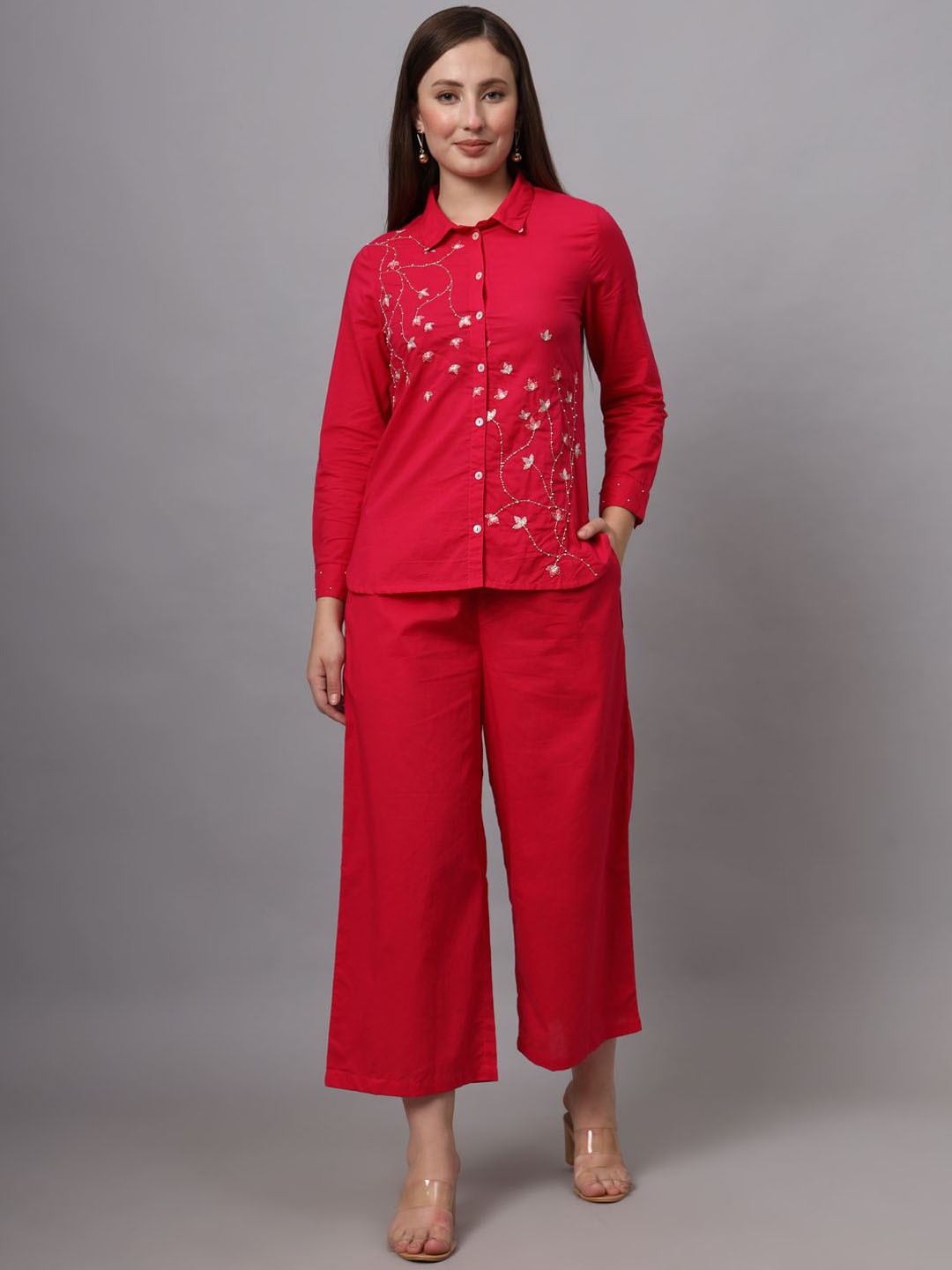 

CRAFTED FOR YOU Embroidered Pure Cotton Shirt With Palazzo, Pink