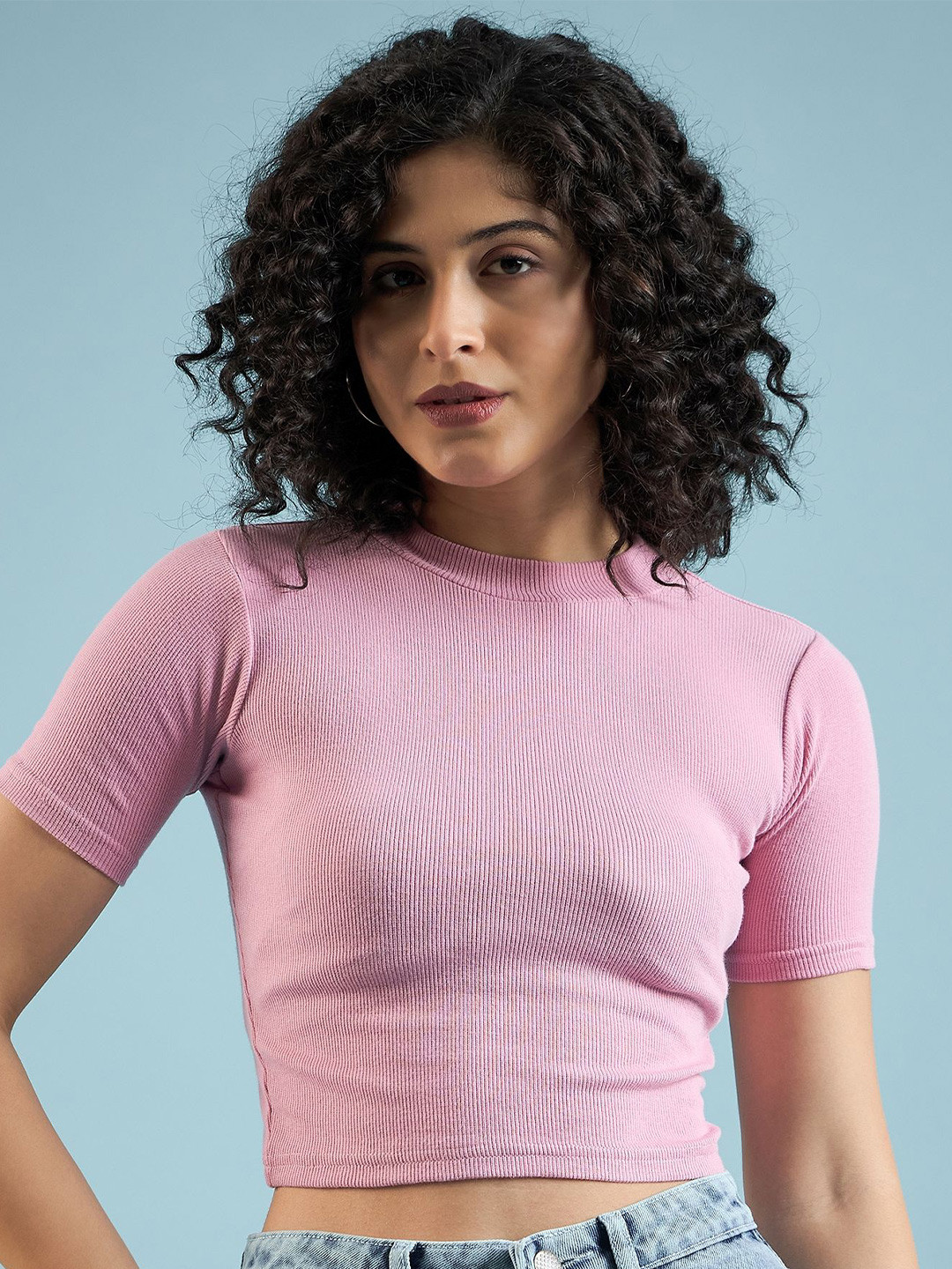 

DressBerry Women Solid High Neck Pure Cotton Top, Pink