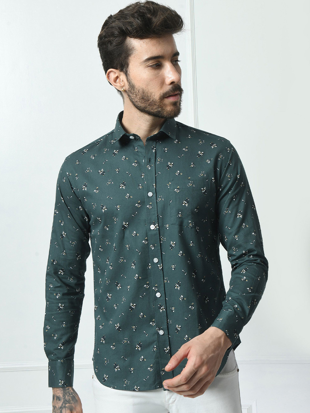 

PEBCO Men Classic Spread Collar Micro Ditsy Printed Cotton Slim Fit Casual Shirt, Green