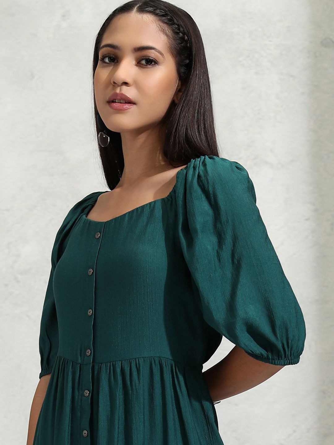 

Vishudh Puff Sleeve A-Line Tiered Dress, Teal