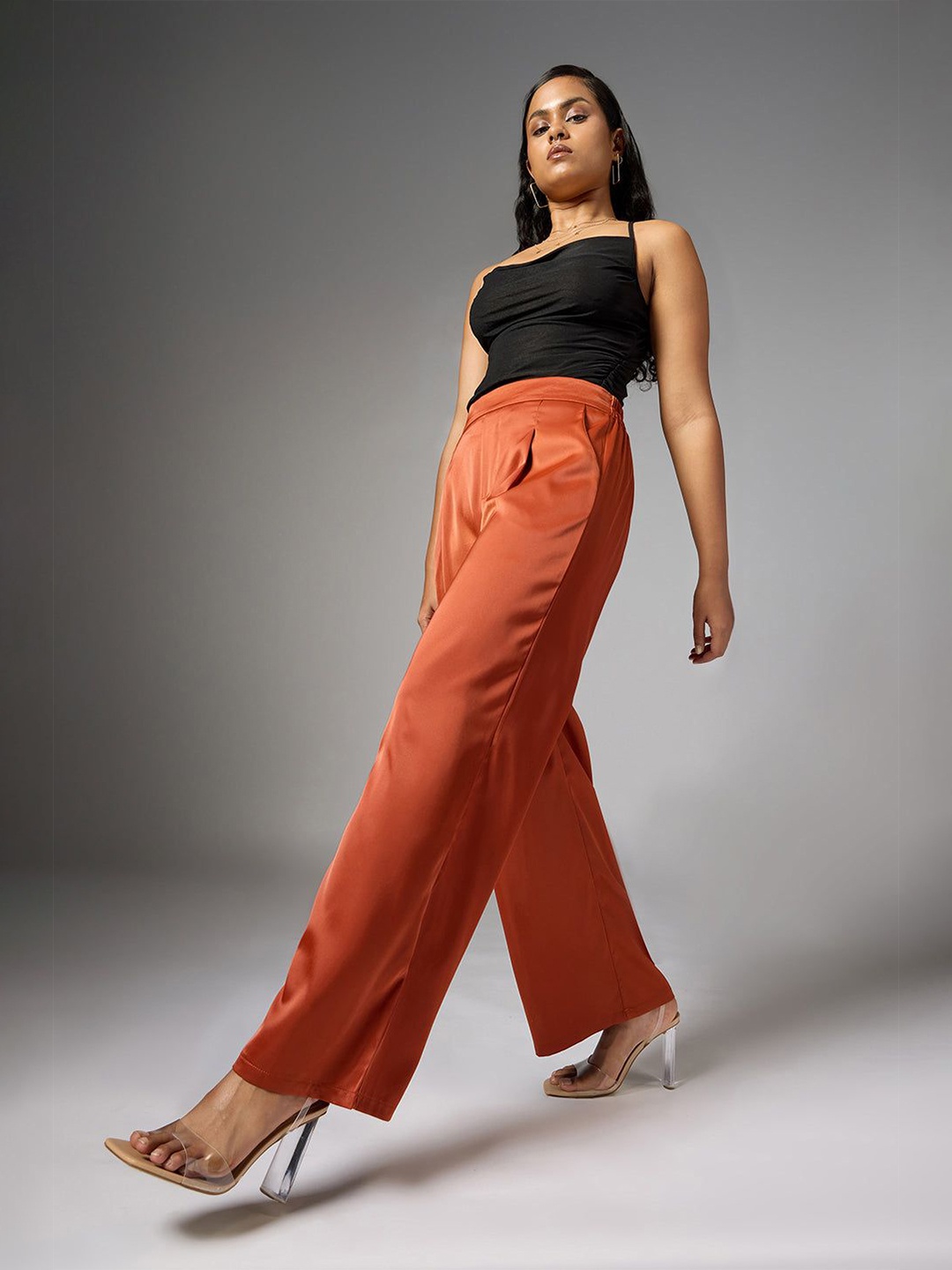 

FREAKINS Caramel Rust Satin Straight Korean Pants