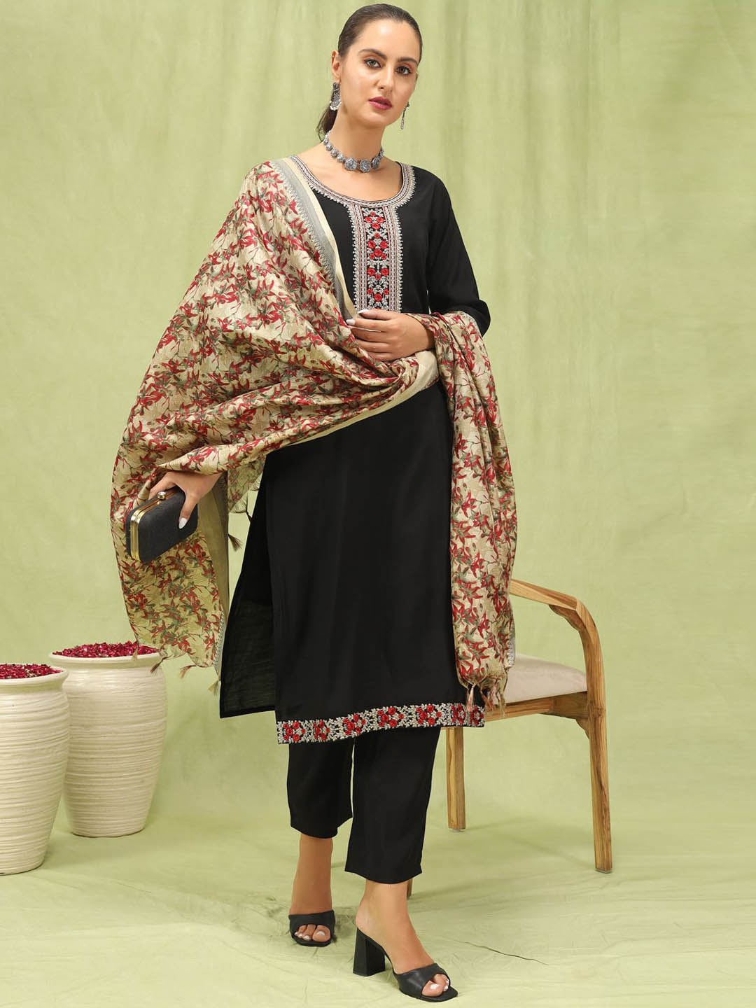 

VredeVogel Floral Embroidered Yoke Design Thread Work Kurta With Trousers & Dupatta, Black