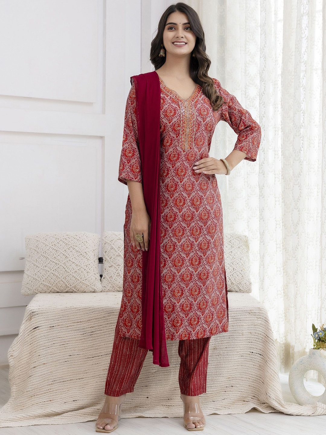 

Charu Floral Printed V-Neck Thread Work Straight Kurta with Trousers & Dupatta, Maroon