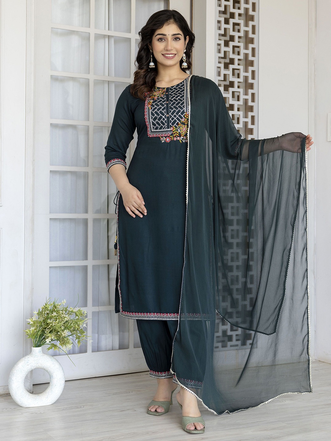 

Charu Yoke Design Straight Kurta with Palazzos & Dupatta, Teal