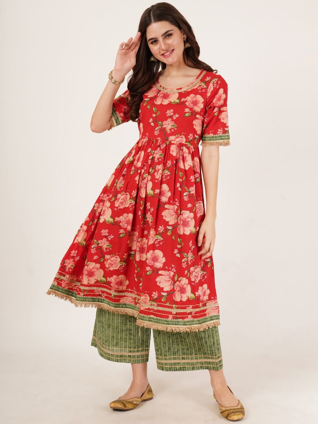 

KALINI Floral Printed Gotta Patti Pure Cotton Anarkali Kurta With Palazzos, Red