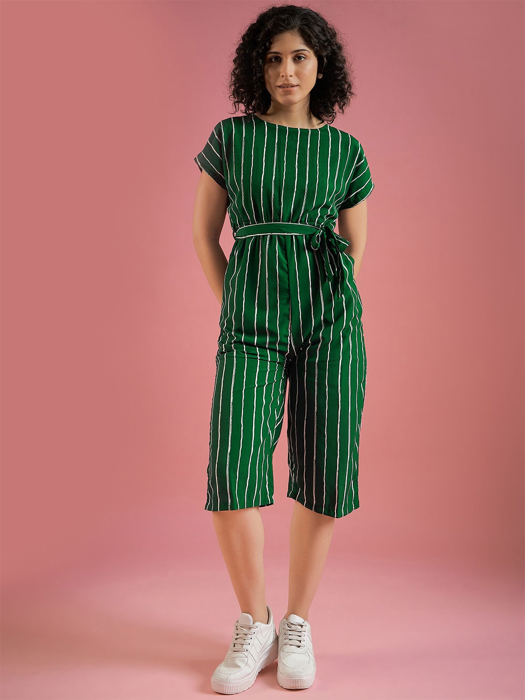 

DressBerry Striped Waist Tie-Ups Capri Jumpsuit, Green