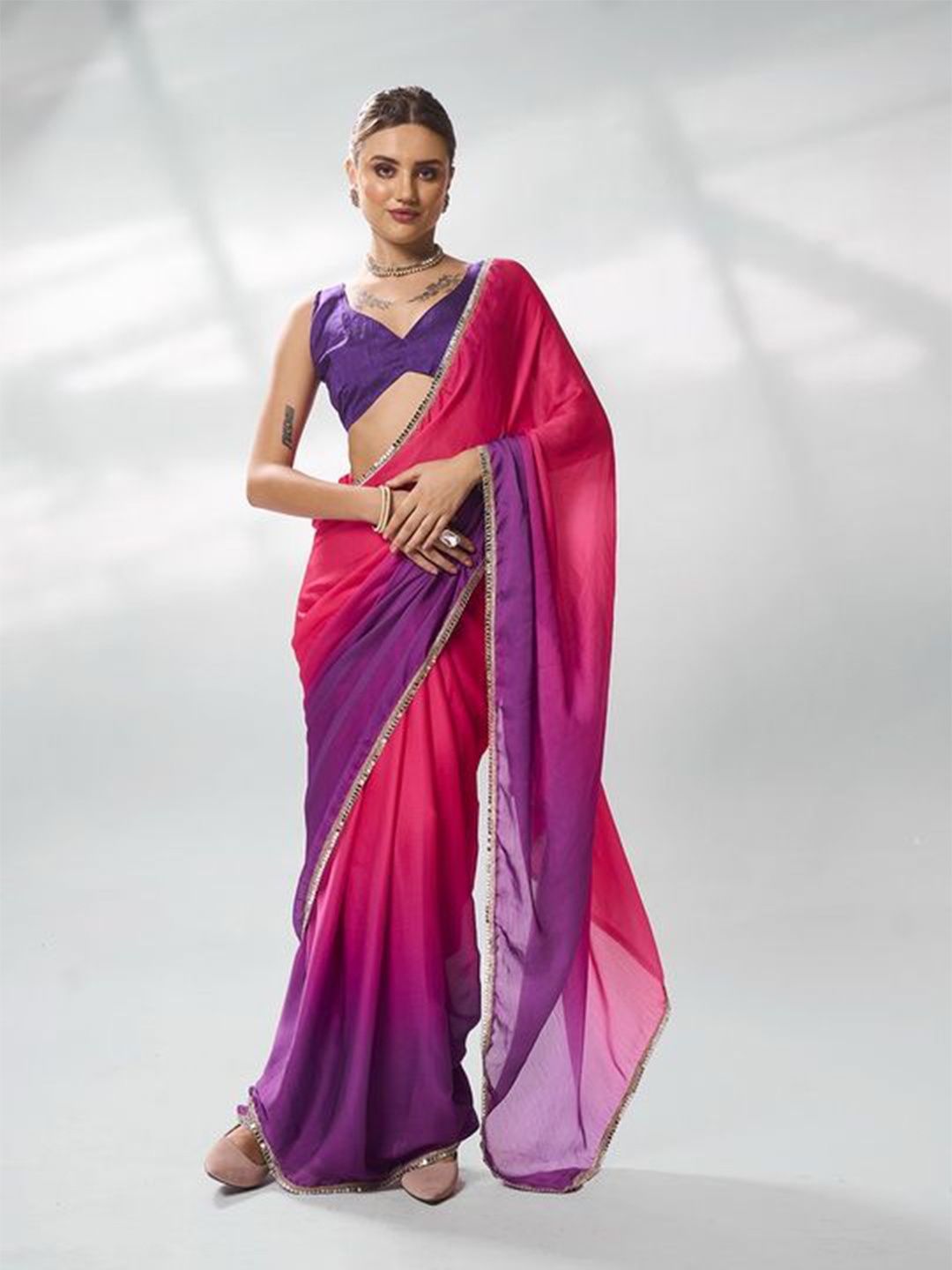 

Kalista Colourblocked Mirror Work Satin Ready to Wear Ombre Saree, Pink