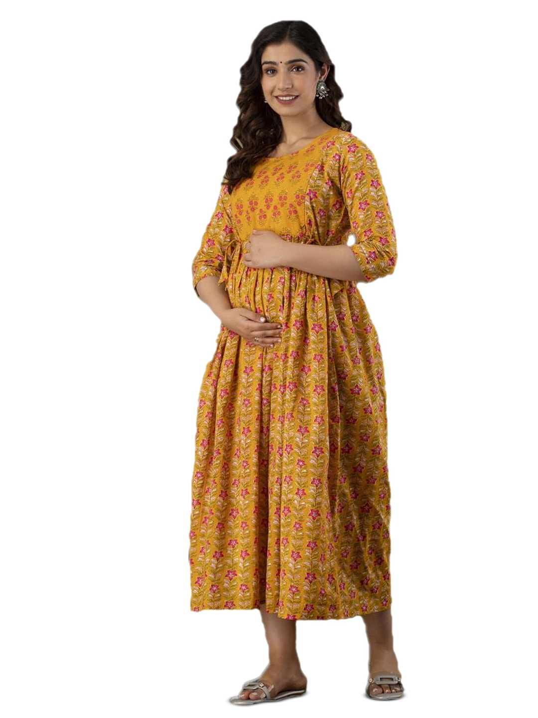 

SHOOLIN Printed Cotton Maternity Fit & Flare Midi Ethnic Dress, Yellow