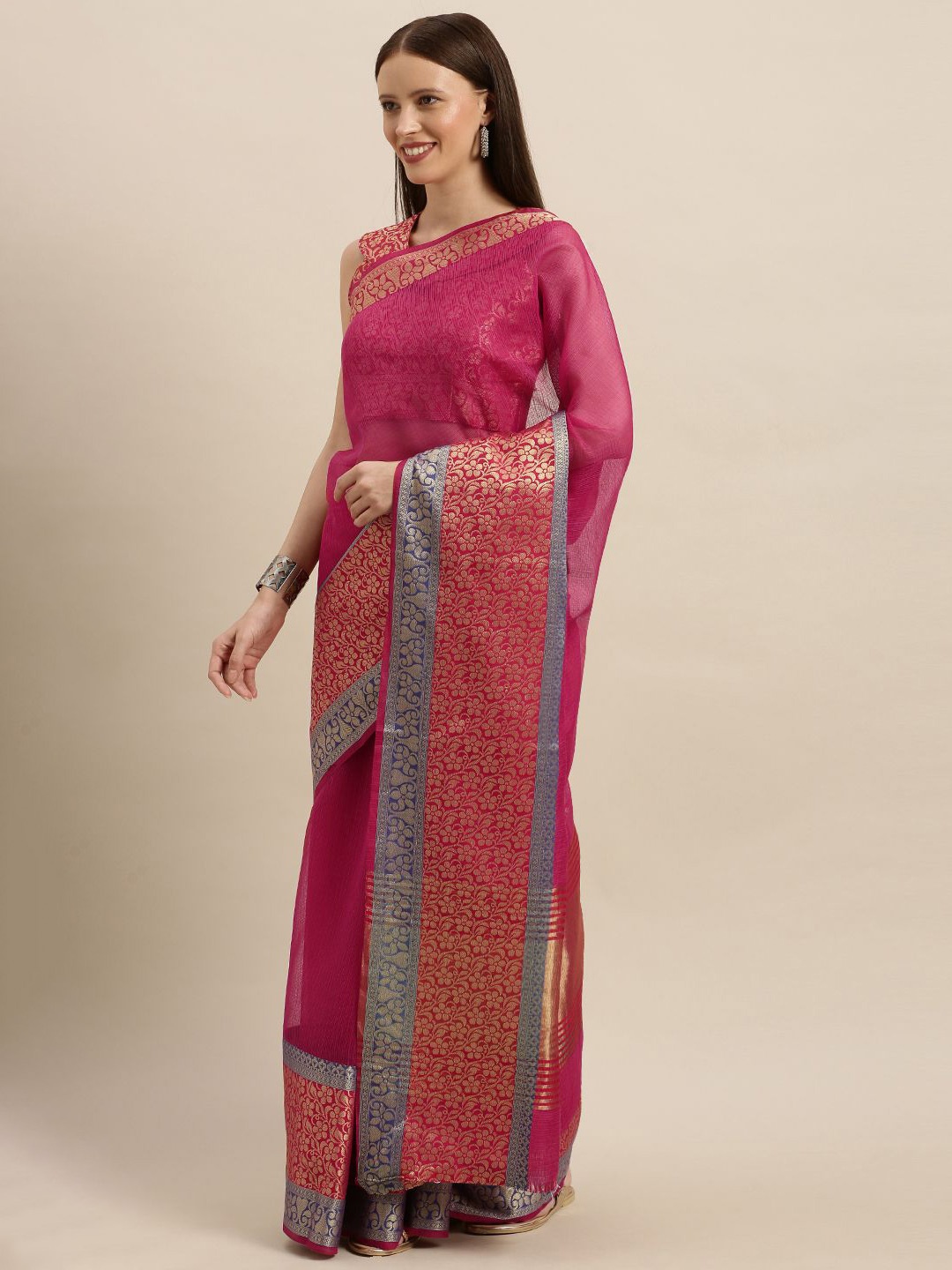 

KULNAARI Woven Design Zari Linen Blend Saree, Pink