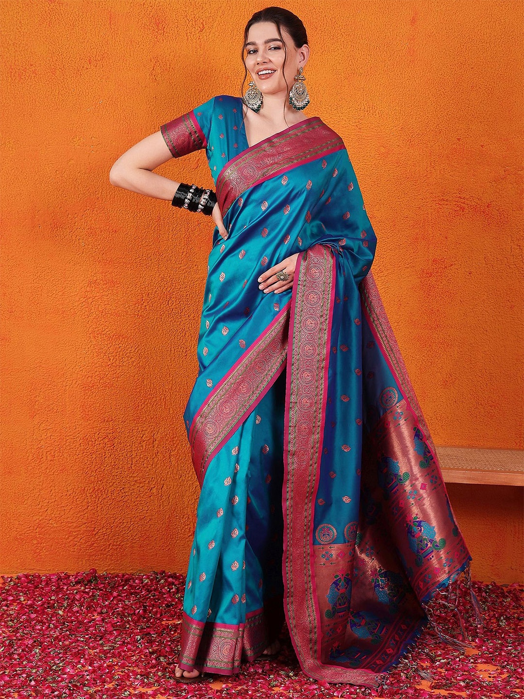 

Dori Woven Design Ethnic Motifs Zari Silk Blend Paithani Saree, Blue