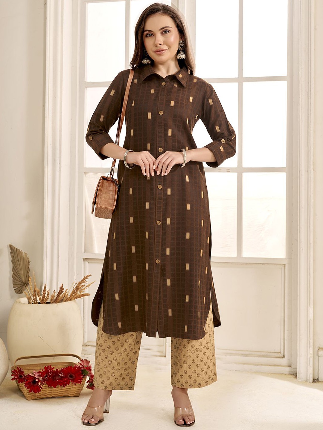 

Anouk Printed Shirt Collar Panelled Kurta With Palazzos, Brown