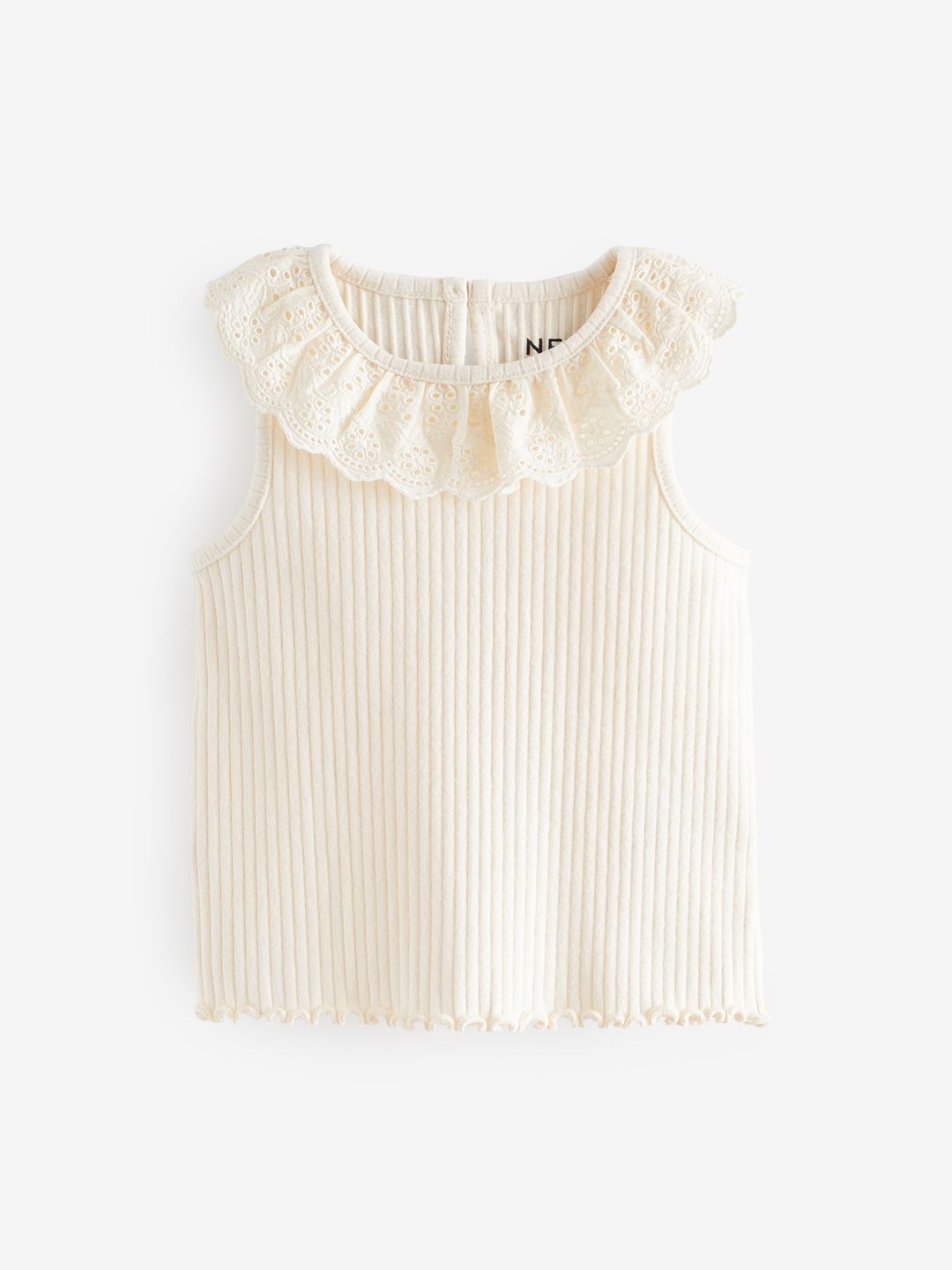 

NEXT Girls Ribbed Schiffli Pure Cotton Top with Lettuce Hem, Off white