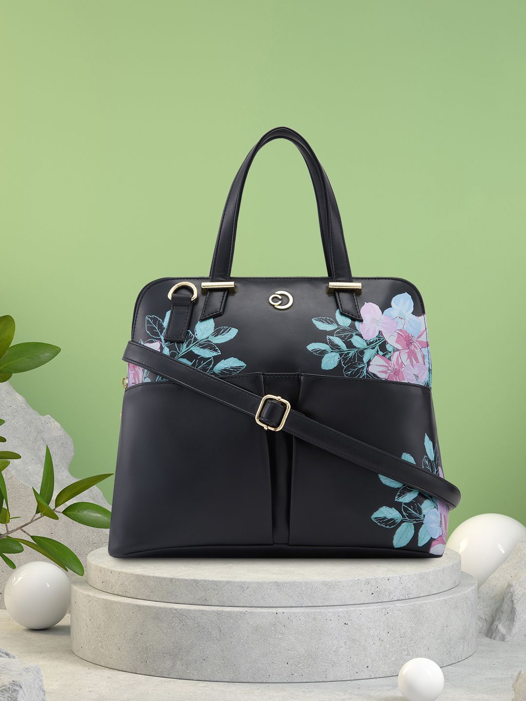 

Caprese Floral Printed Oversized Structured Handheld Bag, Black