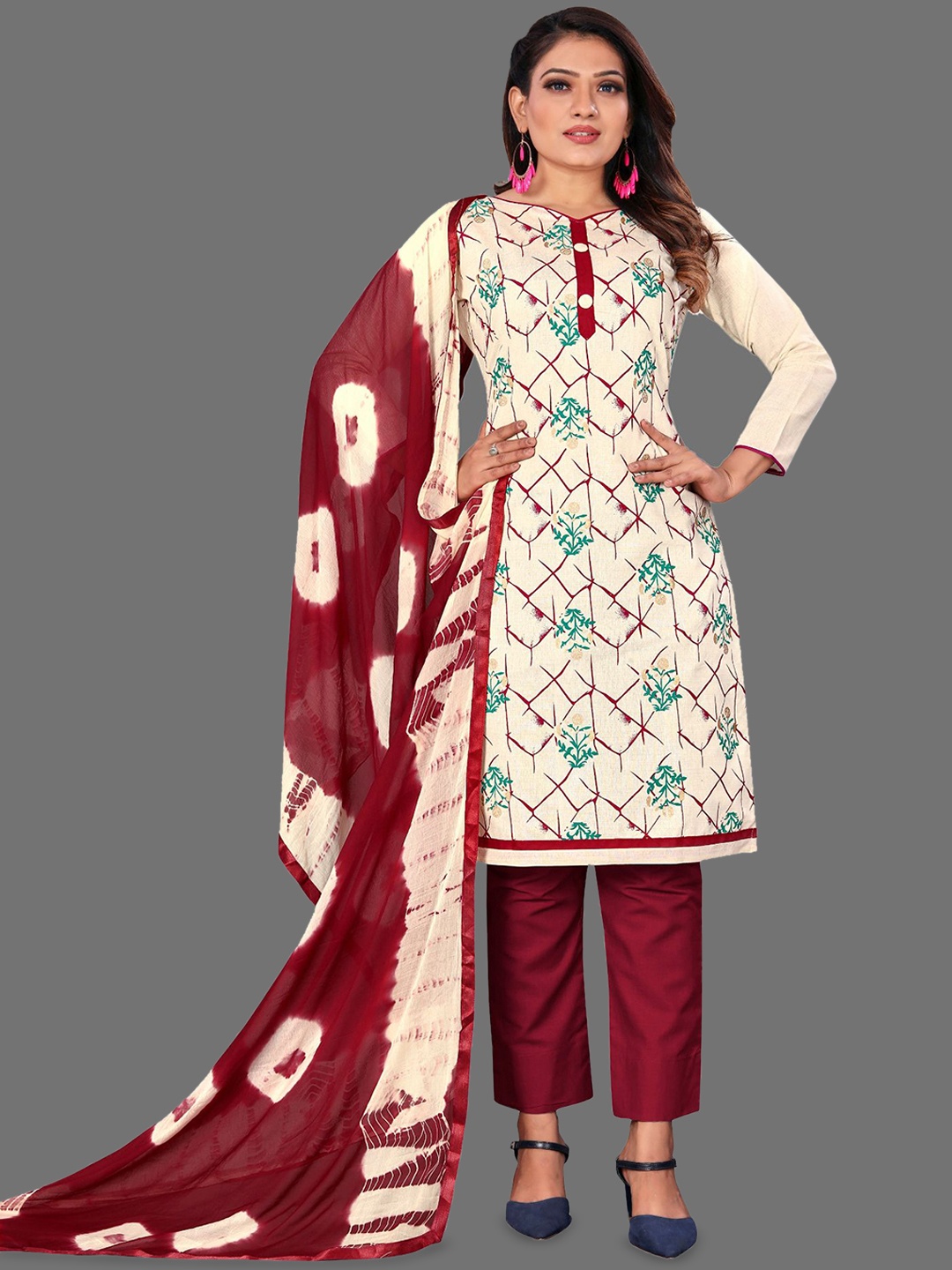 

JULEE Floral Embroidered Patch Work Pure Cotton Unstitched Dress Material, Maroon